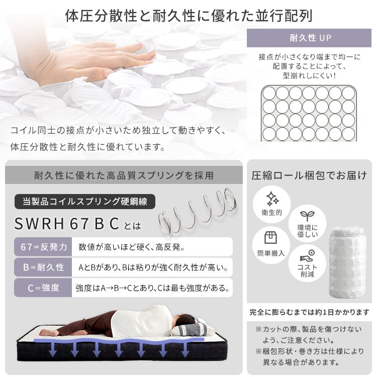 2分で完成!組立簡単ベッド ポケットコイルマットレスセット(セミダブル) ベッド マットレス付 頑丈