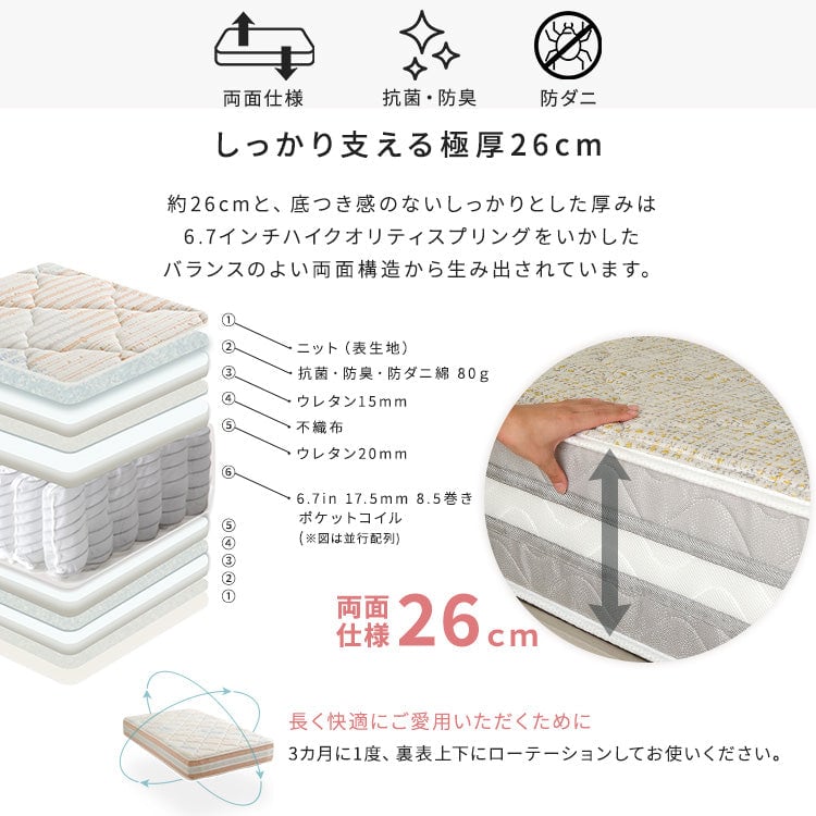 夫婦 カップル 日本製ポケットコイルデザインマットレス mornisha-モニーシャ- (ダブル) 幅140×奥行195cm 防ダニ 抗菌