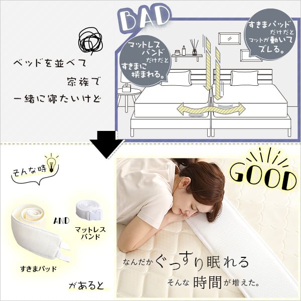 すきまパッド付マットレスバンド マットレスバンド マットレス固定 連結バンド 隙間 ズレ防止 繋げる