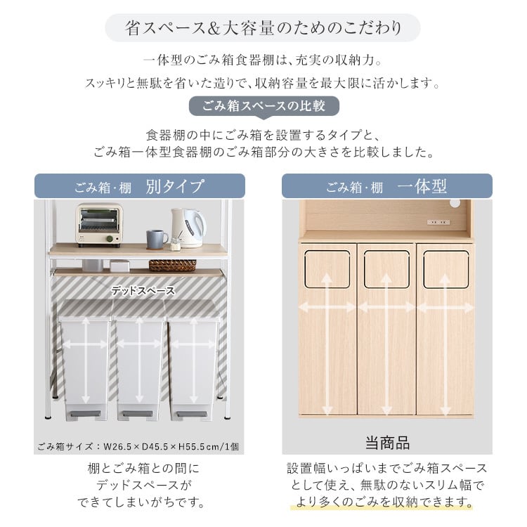 さわやかなごみ箱一体型食器棚 ごみ箱3つタイプ 食器棚 ゴミ箱付き ごみ箱 ダストボックス