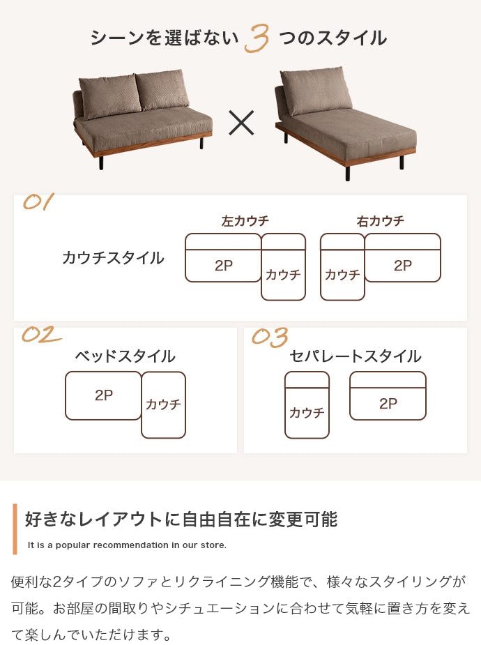 ソファー 3人掛け 2点セット リクライニングコーデュロイ3人掛けカウチソファ ローソファー