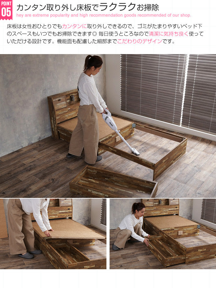 ベッド セミダブル Cave 寄木柄引出し付ベッド すのこベッド パイプベッド ベット 引き出し付き
