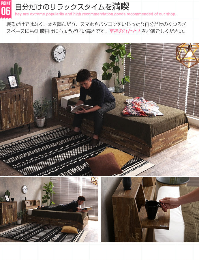 ベッド セミダブル Cave 寄木柄引出し付ベッド すのこベッド パイプベッド ベット 引き出し付き