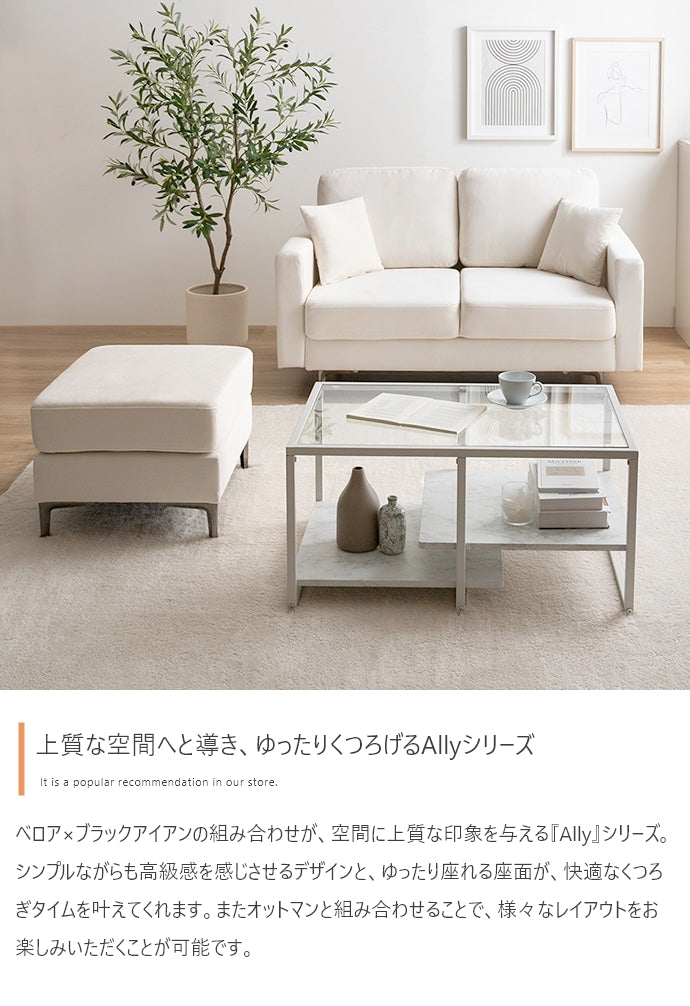 ソファー 2人掛け 2点セット Ally 2人掛けベロアソファ+オットマン ローソファー