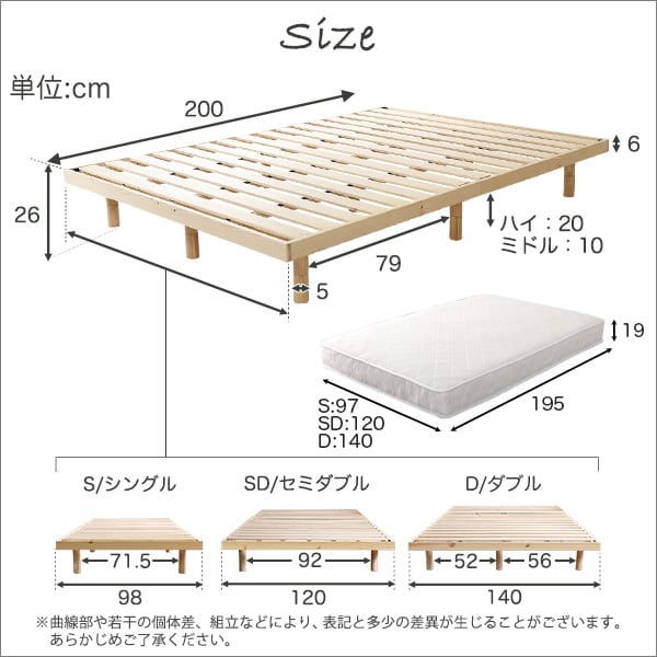 3段階高さ調節 脚付きすのこベッド(ダブル) (ポケットコイルロールマットレス付き) ダブル 家具