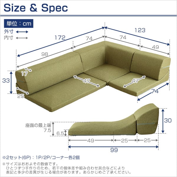 コーナーフロアソファ ロータイプ ファブリック 3人掛け(5色)同色2セット インテリア 寝具