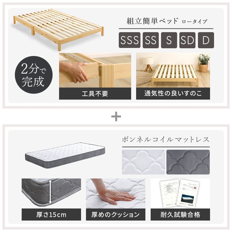 2分で完成!組立簡単ベッド ボンネルコイルマットレスセット(セミシングルショート) ベッド セット