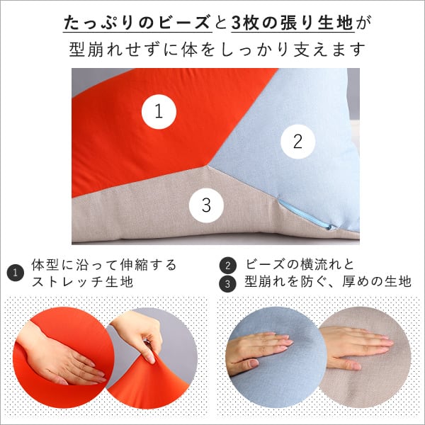 照明 コンパクトビーズクッション 三角形 フィット 型崩れしない ストレッチ生地 極小ビーズ 軽量