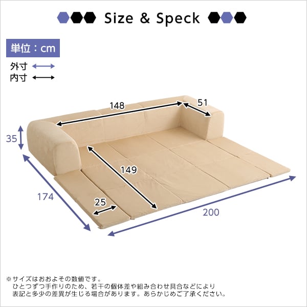 フロアマット付きソファMサイズ(幅200cm)お家で洗えるカバーリングタイプ 74×74×71cm