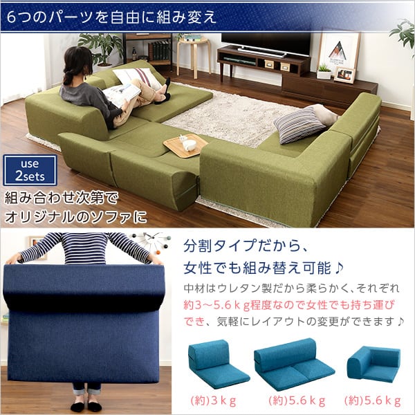 コーナーフロアソファ ロータイプ ファブリック 3人掛け(5色)同色2セット インテリア 寝具