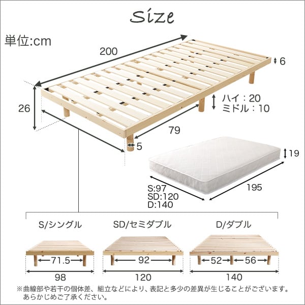 3段階高さ調節 脚付きすのこベッド(シングル) (ポケットコイルロールマットレス付き) シングル