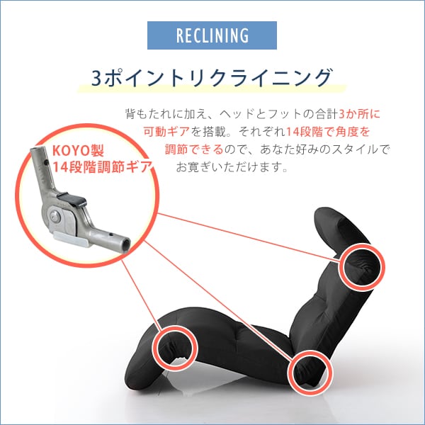 日本製リクライニング座椅子(布地 レザー)14段階調節ギア 転倒防止機能付き Moln-モルン