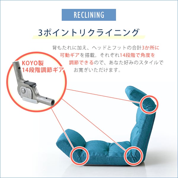 日本製リクライニング座椅子(布地 レザー)14段階調節ギア 転倒防止機能付き 32x52x52cm