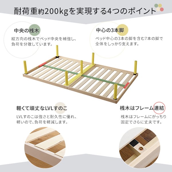 夫婦 カップル 高さ2段階調整 脚付き すのこベッド パイン材 セミダブル ベッドフレーム 天然木