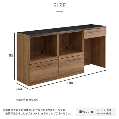 日本製 特殊鋼板を使った組み合わせキッチンカウンター 180cm オープン収納+オープン収納+ゴミ箱上カウンター スチール