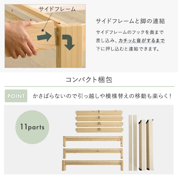 2分で完成!組立簡単ベッド (セミシングルショート) すのこベッド ベッド 工具不要 組み立て 簡単