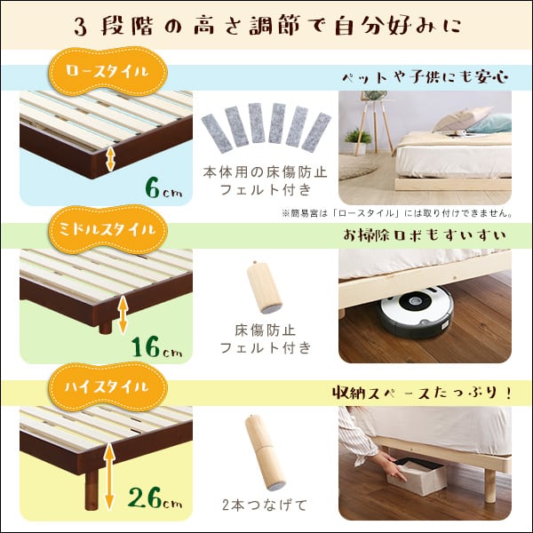 パイン材高さ3段階調整脚付きすのこベッド(ダブル) 家具 インテリア ベッド 脚付きすのこベッド
