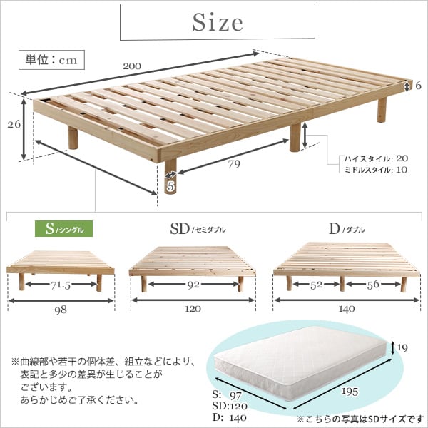 3段階高さ調節 国産総檜脚付きすのこベッド (ポケットコイルロールマットレス付き) シングル 家具