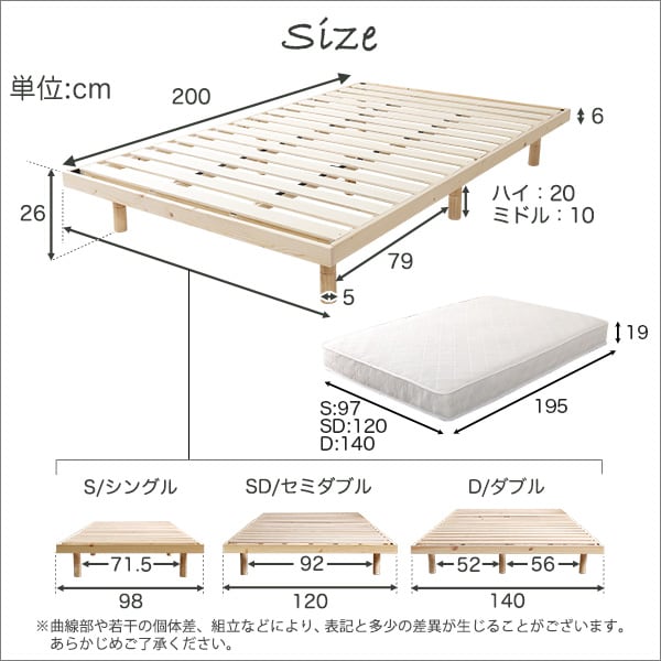 3段階高さ調節 脚付きすのこベッド(セミダブル) (ポケットコイルロールマットレス付き) セミダブル