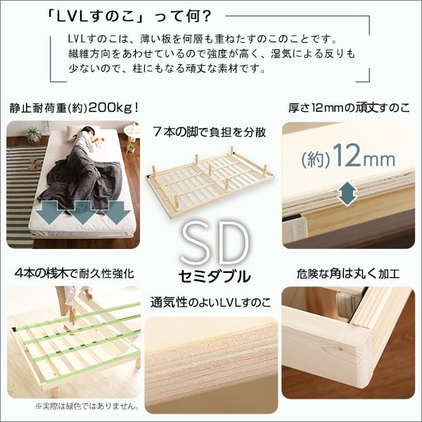 3段階高さ調節 脚付きすのこベッド(セミダブル) (ポケットコイルロールマットレス付き) セミダブル