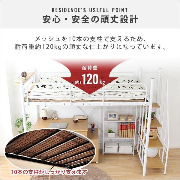 階段付き ロフトベット パイプベッド シングル ハイタイプミドルタイプに高さ調整 コンセント付宮棚 スチール 一人暮らし