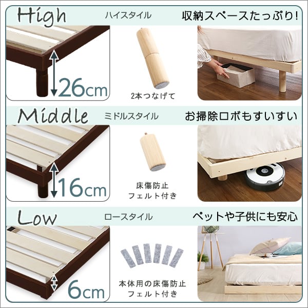 3段階高さ調節 脚付きすのこベッド(シングル) (ポケットコイルロールマットレス付き) シングル