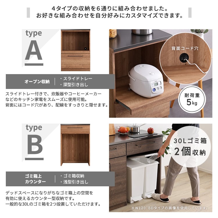 食器棚 日本製 特殊鋼板を使った組み合わせキッチンカウンター 120cm 扉収納+ゴミ箱上カウンター