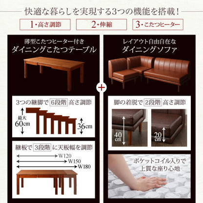 ソファ 6段階高さ調節 伸縮式こたつ 大型ソファダイニング STEWAR ステュアー 4点セット
