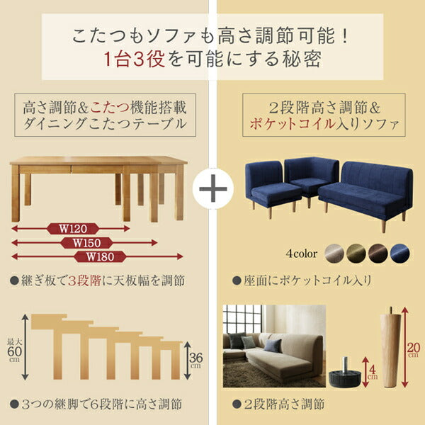 ソファ 高さ調節可能 3段階伸長式 大型こたつソファダイニング Escher エッシャー 4点セット