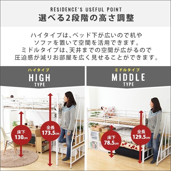 階段付き ロフトベット パイプベッド シングル ハイタイプミドルタイプに高さ調整 コンセント付宮棚 スチール 一人暮らし