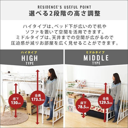階段付き ロフトベット パイプベッド シングル ハイタイプミドルタイプに高さ調整 コンセント付宮棚 スチール 一人暮らし