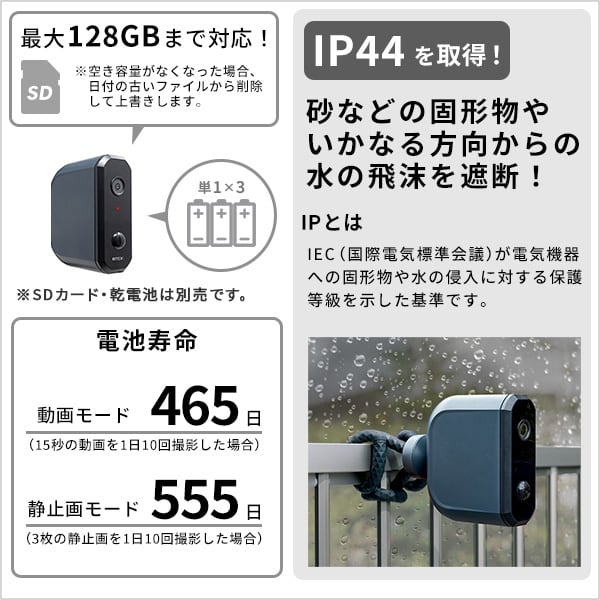 ラック 乾電池式どこでもセンサーカメラ カメラ 防犯カメラ センサーカメラ 動画 静止画 防水 防塵