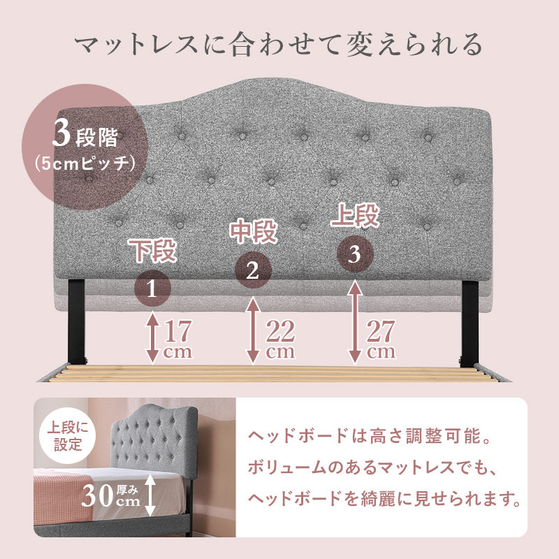 ベッド セミダブルファブリックベッド MB-5390SD (約)幅132×奥行206×高さ103/108/113×床面高23cm